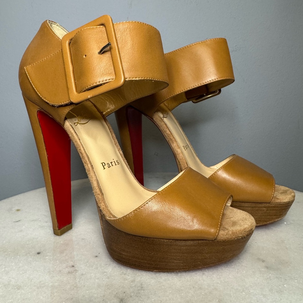 Christian Louboutin Beige Leather Haute Retenue Ankle Strap Platform Sandal 36.5